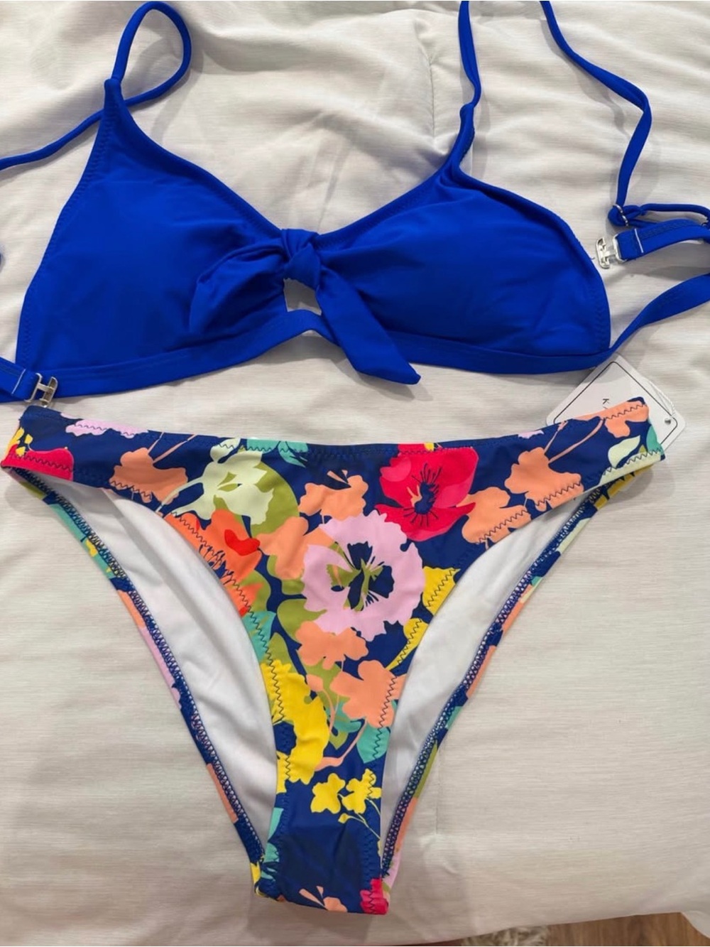 Women's Blue Tie-Front Bikini Top with Floral Bottom - Brand